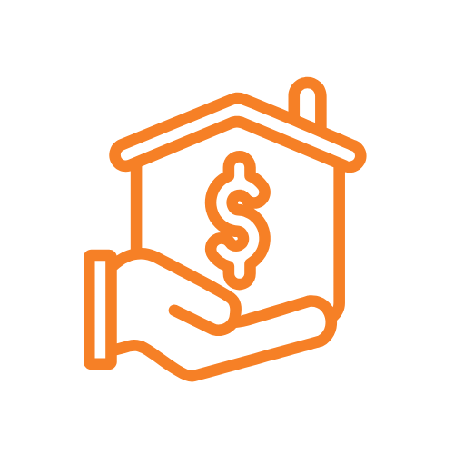 Orange outline of a house with a dollar sign inside, supported by a hand extending from the left.