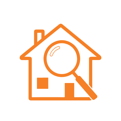 Orange house icon with magnifying glass to symbolize real estate or home search.