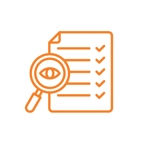An orange line drawing of a magnifying glass with an eye inside, positioned over a checklist or document with checkmarks.