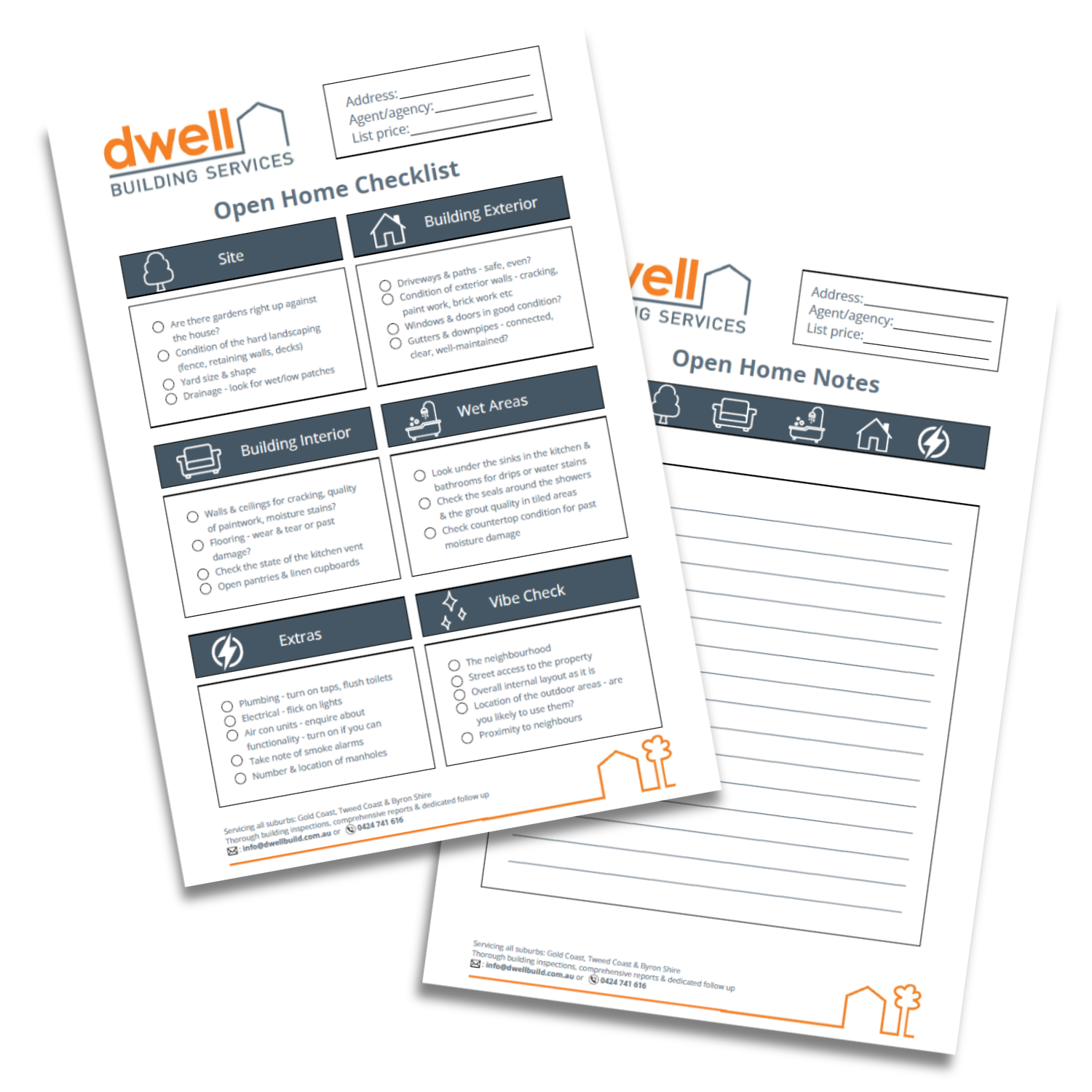 Two sheets of paper with home inspection checklists from Dwell Building Services, featuring sections for exterior, interior, wet areas, extras, and a vibe check, with spaces for address, agent, and price at the top.