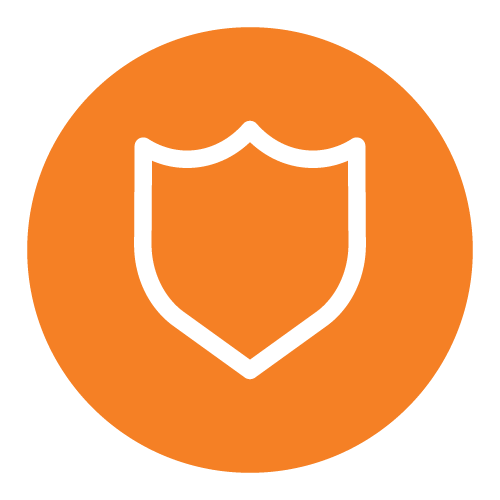 Icon of a white shield outline inside an orange circle.