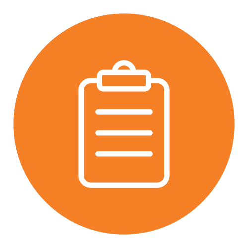 Outline of a clipboard with paper on an orange circular background.