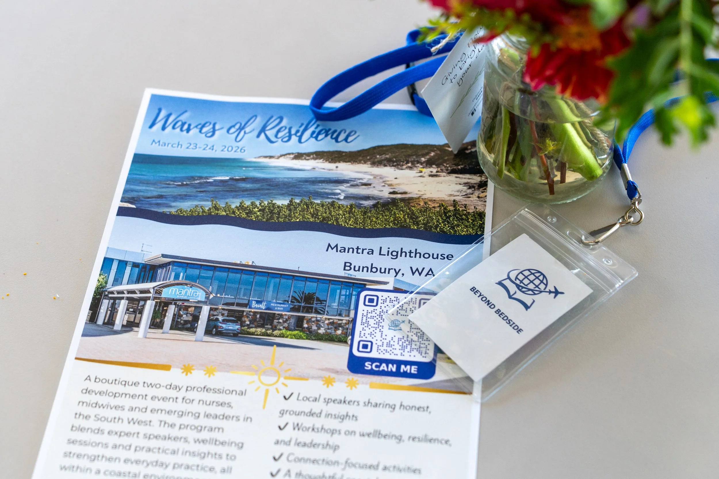 Event flyer titled 'Waves of Resilience' with a beach photo, listing the event dates March 23-24, 2026, at Mantra Lighthouse in Bunbury, WA. The flyer features a photo of a modern building, a QR code, and a badge with the words 'BEYOND BEDSIDE' and a