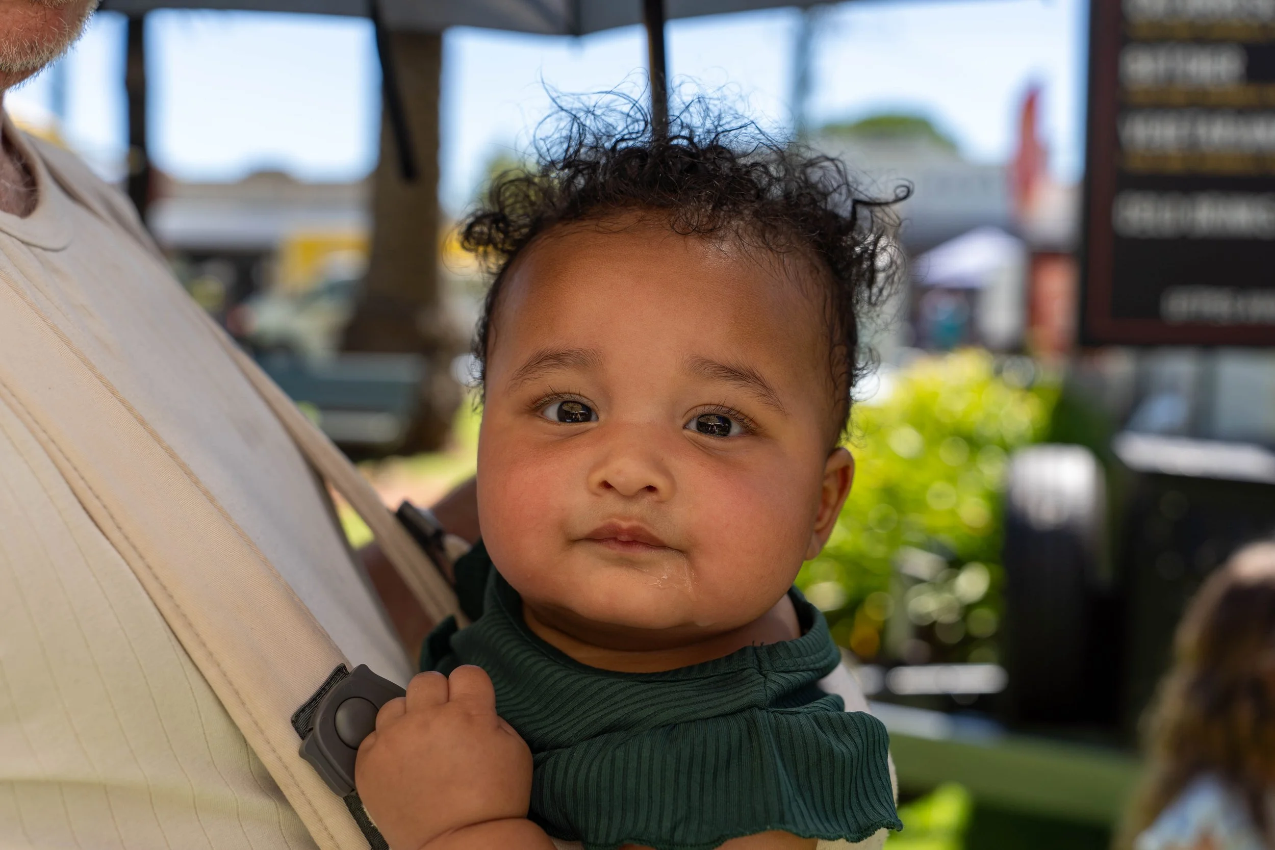 Close-up of a baby with curly hair, looking at the camera, being held by an adult outdoors at a sunny location with blurred trees and signs in the background.