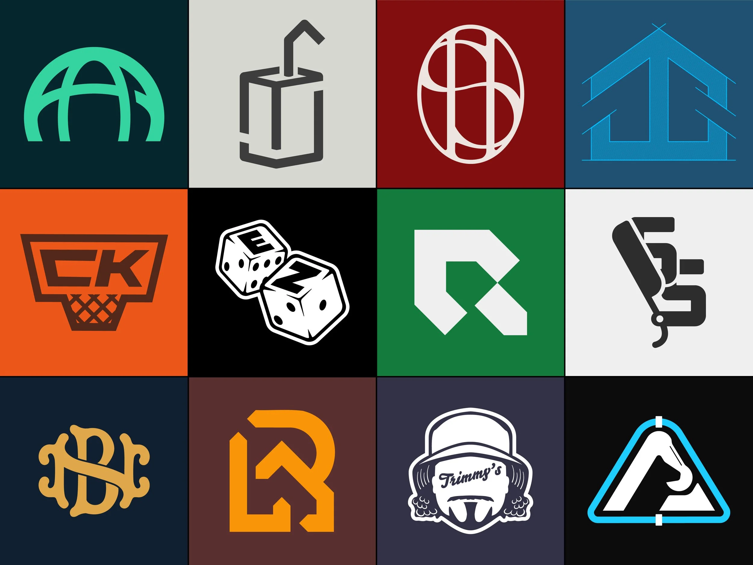 A grid of 12 sports and activity icons, including a globe, a drink cup, a basketball, a house, a basketball hoop, dice, a quiver, a hockey stick and puck, a monogram, a logo with headphones, and a triangular sign with a 'P'.