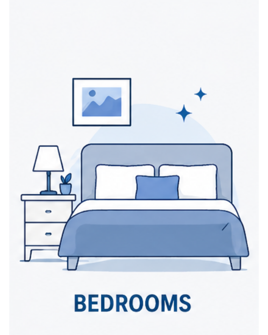 Illustration of a bedroom with a bed, nightstand, lamp, picture frame, and decorative stars, with the word 'BEDROOMS' at the bottom.