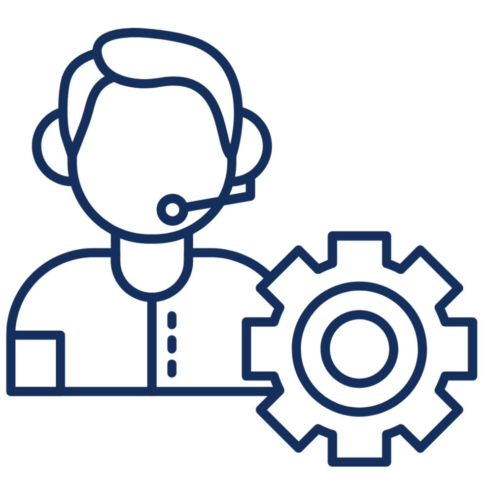 Outline of a customer support representative wearing a headset, with a gear symbol representing settings or technical support.