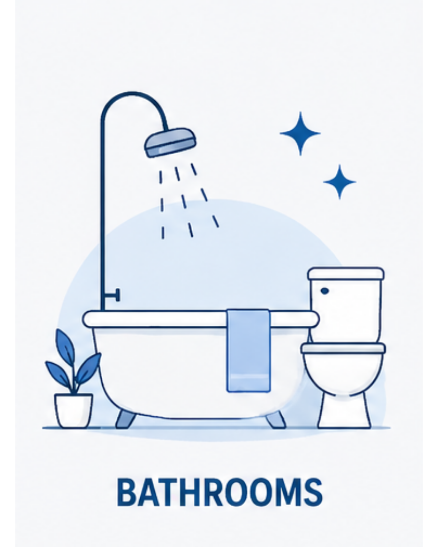 Minimalist illustration of a bathroom with a bathtub, showerhead, toilet, and a potted plant, with the word "BATHROOMS" at the bottom.