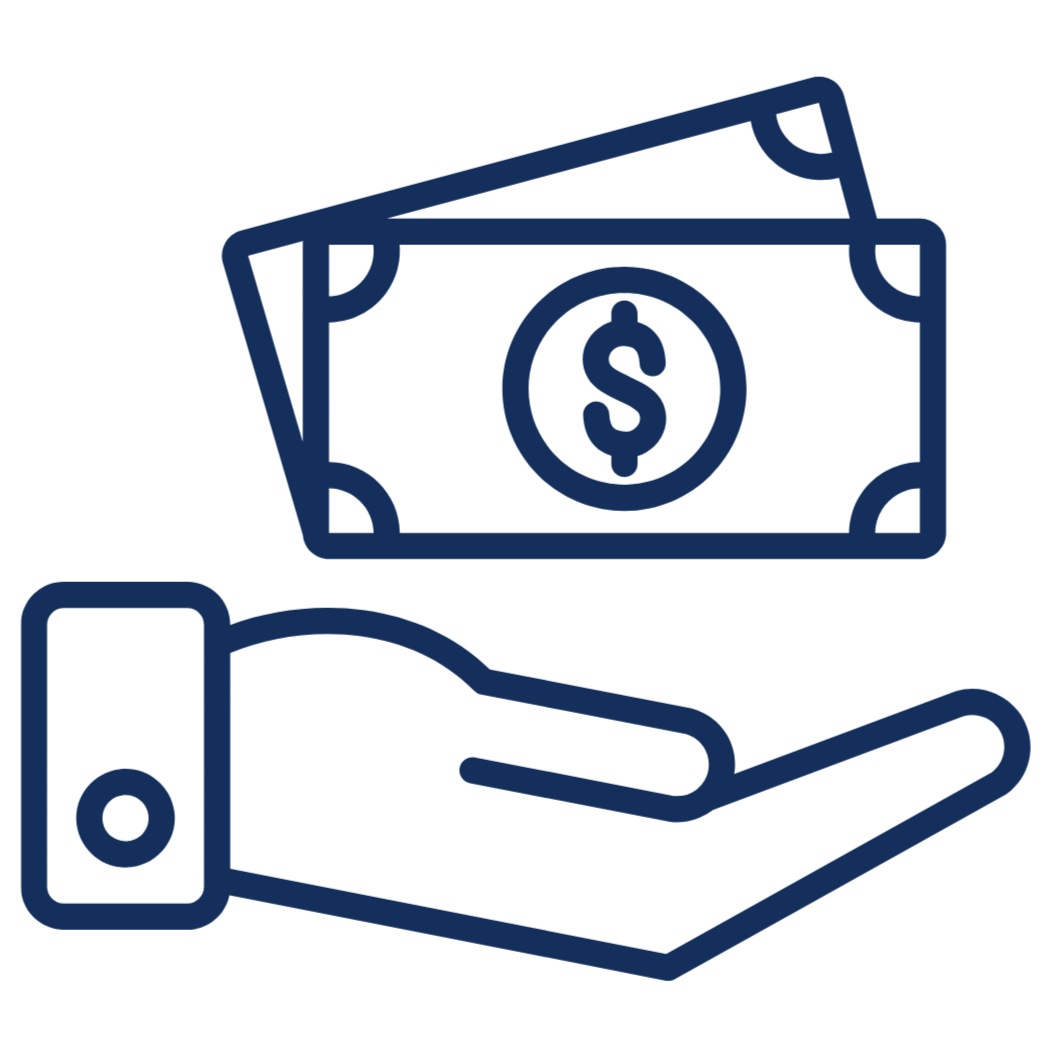 Outline of a hand holding a small stack of paper bills with a dollar symbol, representing money or payment.