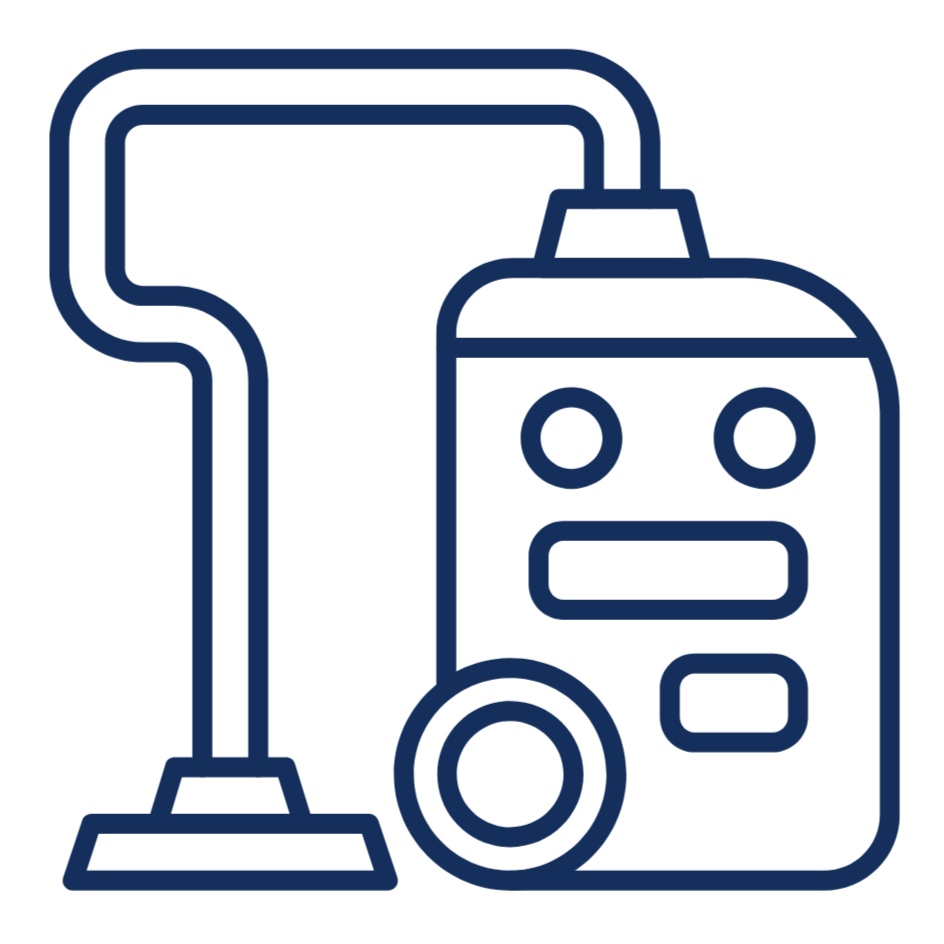 Outline drawing of a vacuum cleaner with a handle and a cylindrical body containing a face, two circular eyes, and a mouth, all in dark blue on a black background.