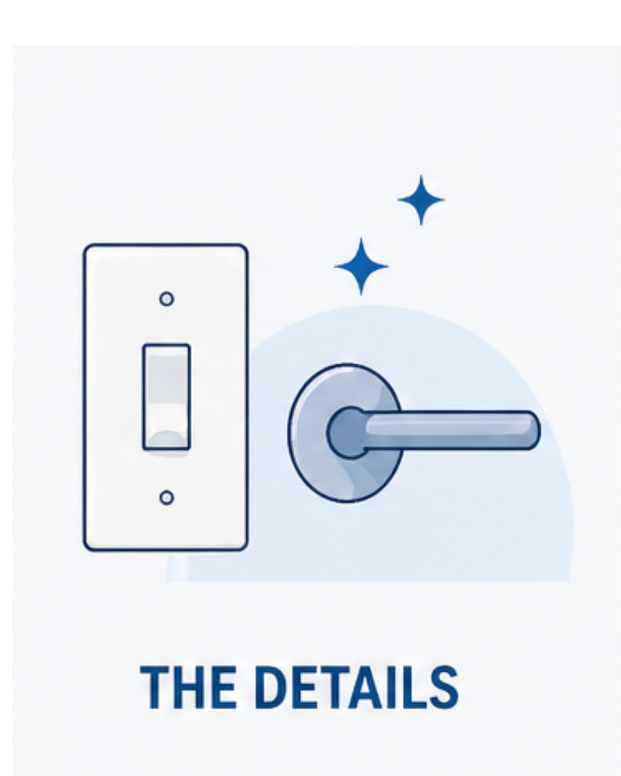 Illustration of a light switch and a door handle, with the text "THE DETAILS" below.