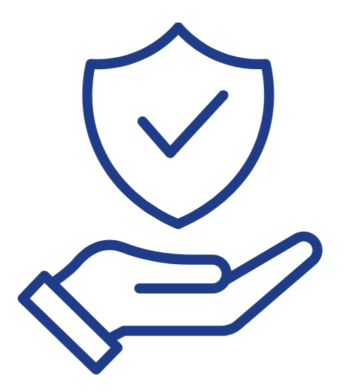 Outline of a hand holding a shield with a checkmark, symbolizing protection or security.