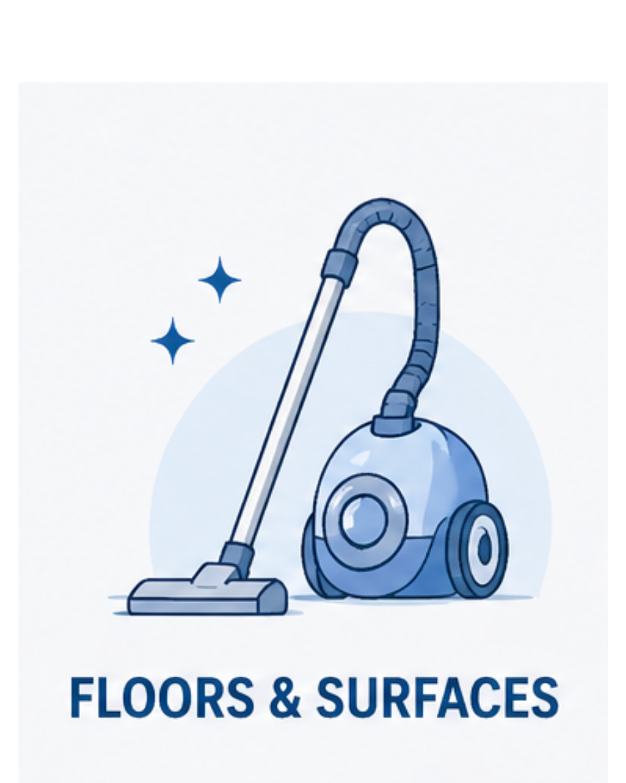 Illustration of a vacuum cleaner cleaning the floor, with sparkling stars indicating cleanliness, and the text "Floors & Surfaces" below.