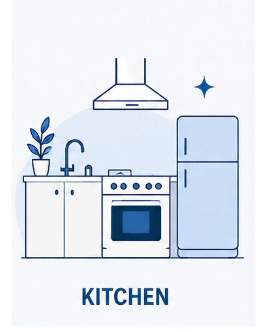 Illustration of a kitchen with a stove, refrigerator, sink, and a potted plant, labeled 'KITCHEN'.