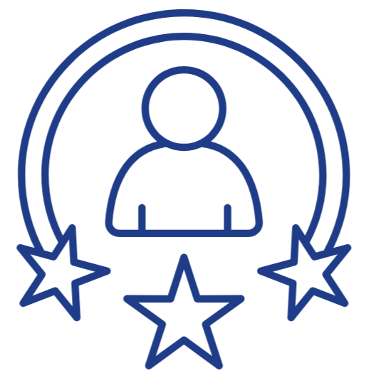 Icon of a person with a ribbon and three stars, symbolizing achievement or recognition.
