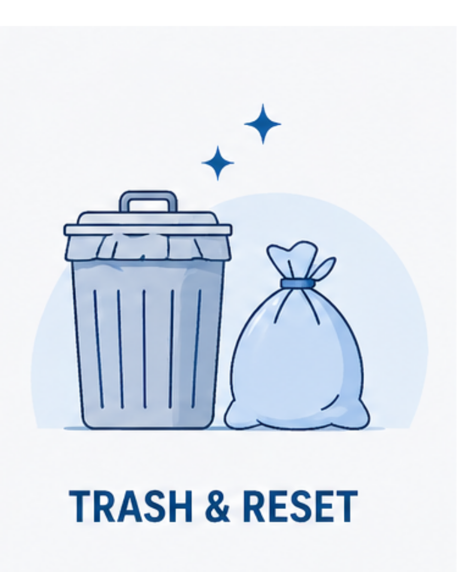 Illustration of a trash can and a bag of waste with the words "TRASH & RESET" below.
