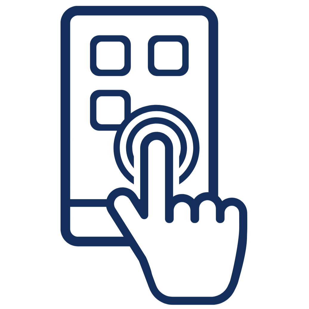 Outline of a smartphone with a hand tapping on the screen, indicating a touch gesture.