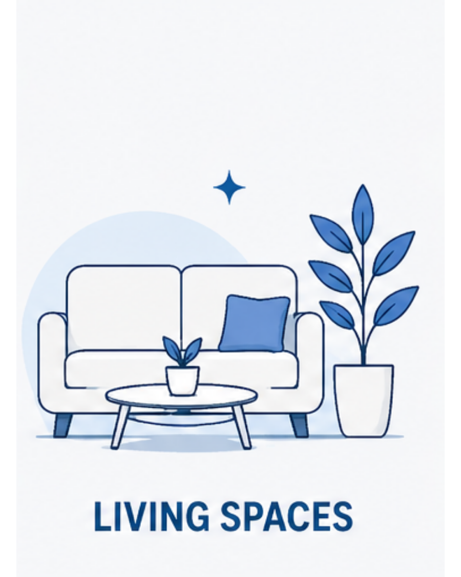 Minimalist digital illustration of a living room with a sofa, a blue pillow, a coffee table with a small plant, a tall plant in a pot, and a star-like decoration above, with the text "LIVING SPACES" at the bottom.
