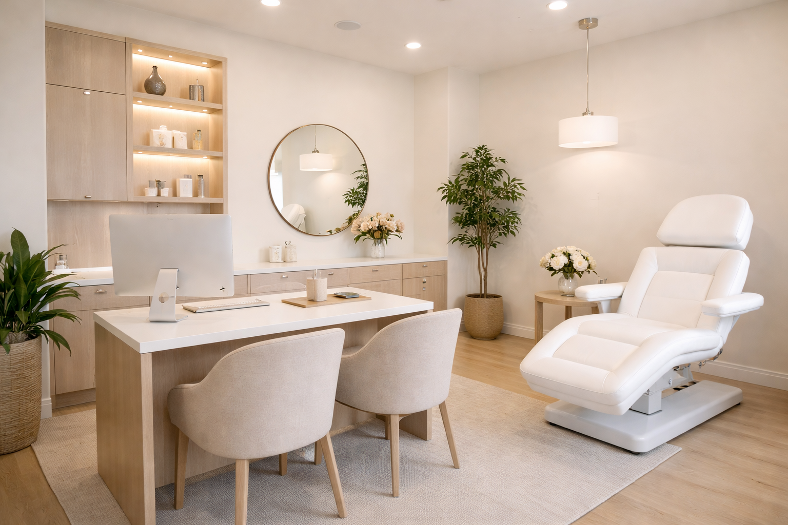 A clean, modern medical or beauty office with a white reclining chair, a computer on a wooden desk, and decorative plants and flowers in neutral tones.