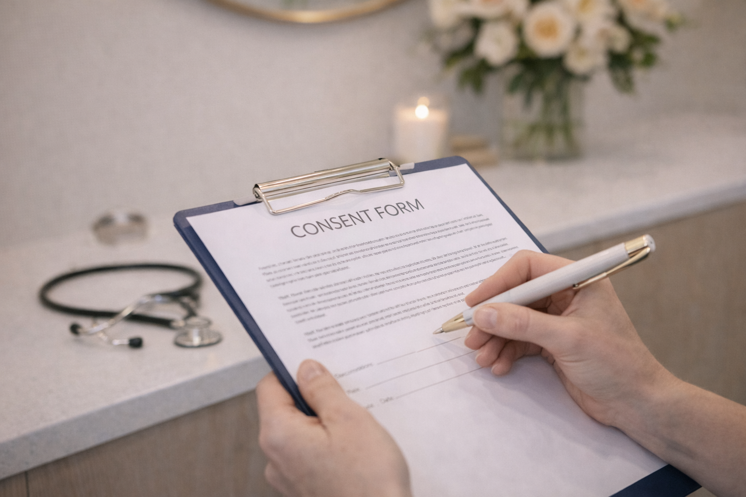 Person signing a consent form on a clipboard with a pen, with medical stethoscope on the table nearby.