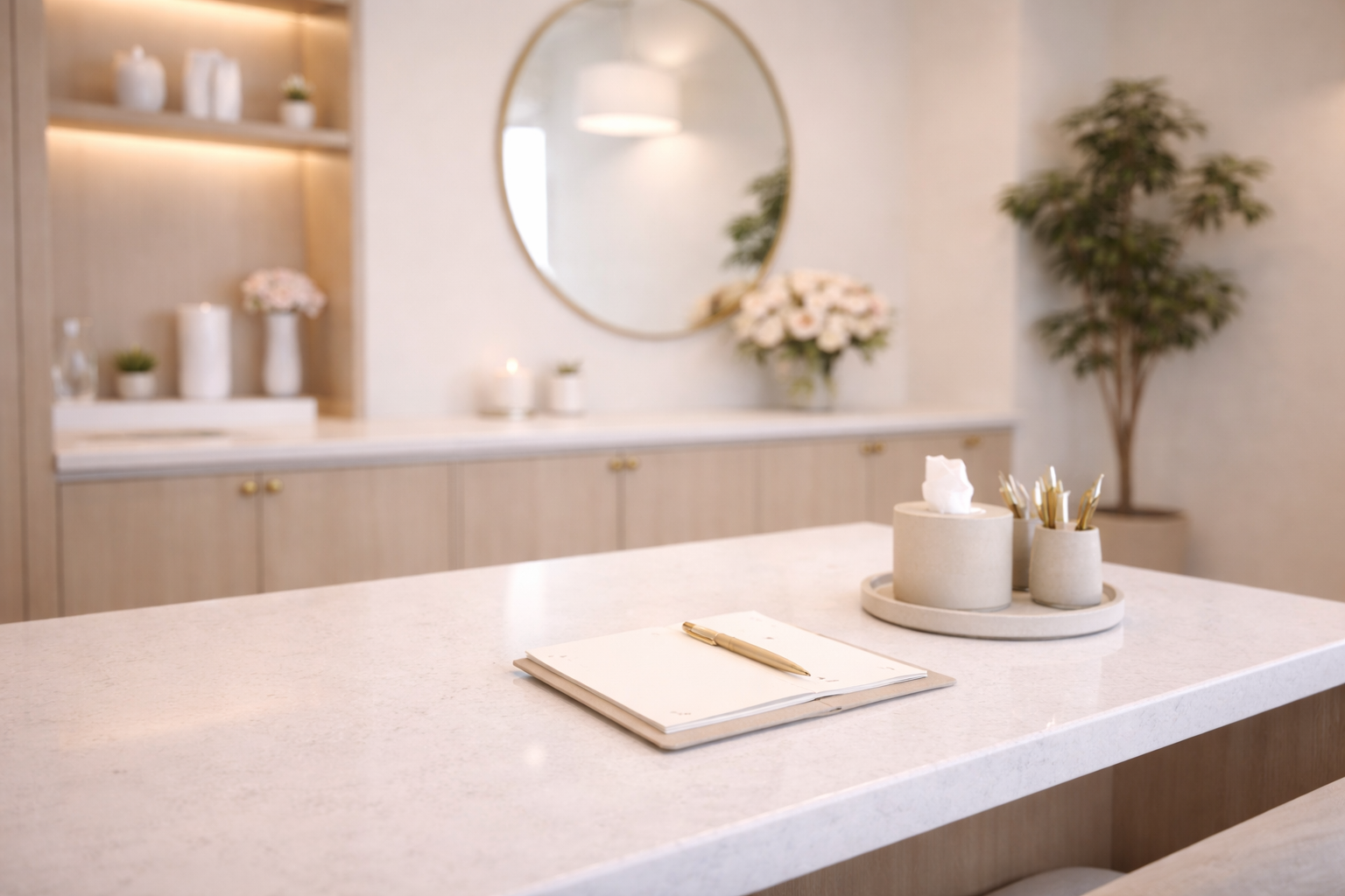 A light-colored kitchen or office counter with a closed notebook and a gold pen, and a round tray holding tissues and gold-tone utensils, in a room with a mirror, flowers, candles, and decorative items in the background.