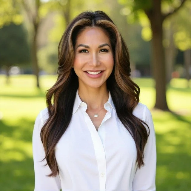 A woman with long brown hair and a white blouse smiling outdoors in a park with trees and green grass.