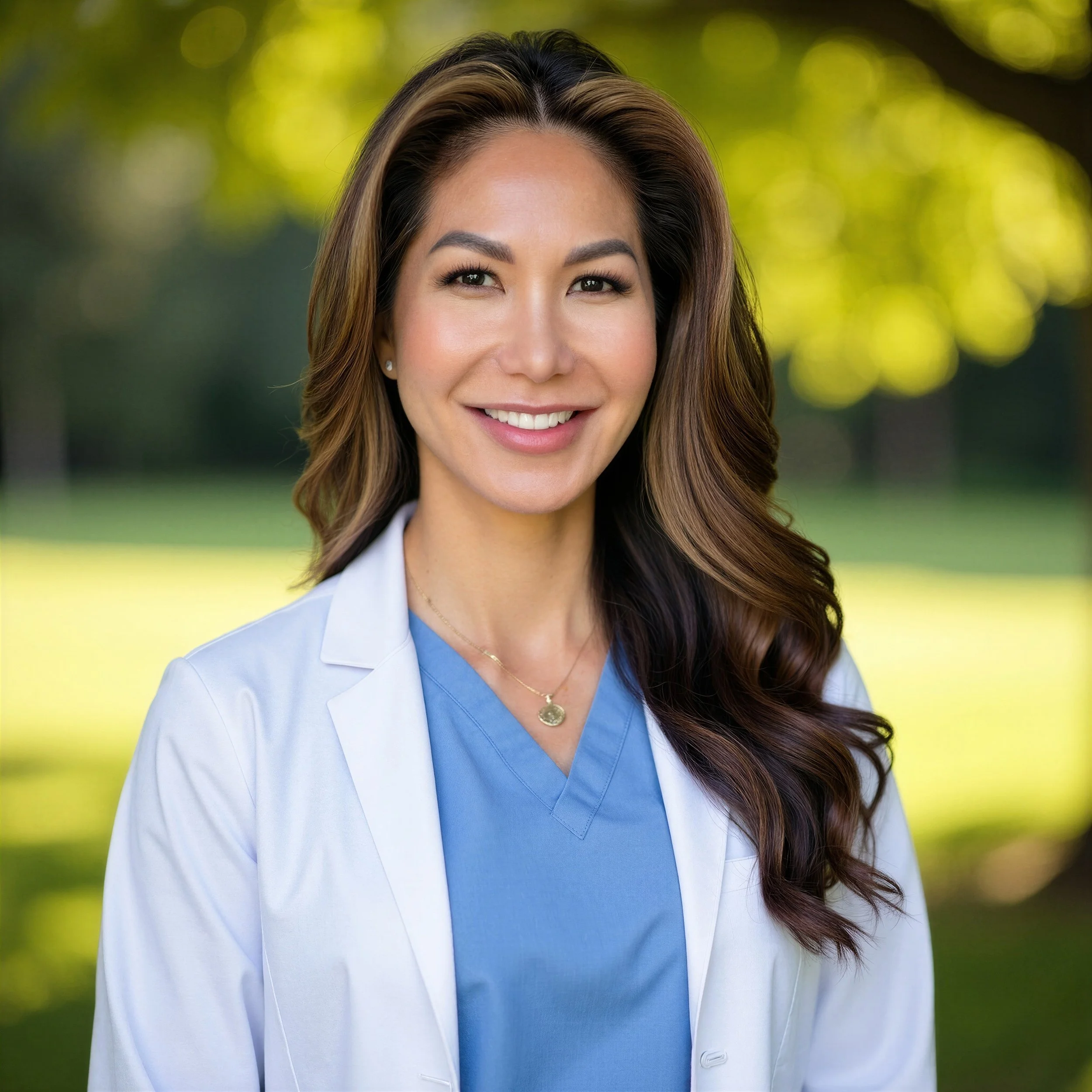 Close-up of a woman smiling outdoors, wearing a blue scrub top and white lab coat, with wavy brown hair and a background of green and yellow blurred trees.