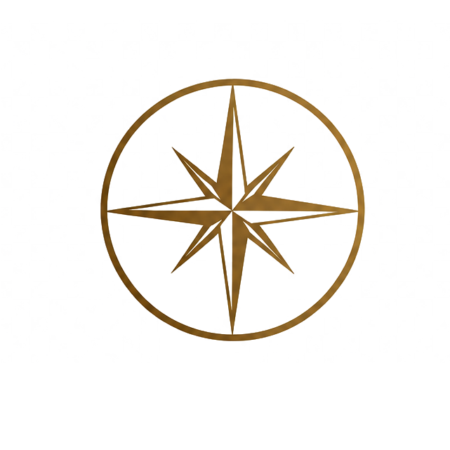 A brown compass rose symbol inside a circle