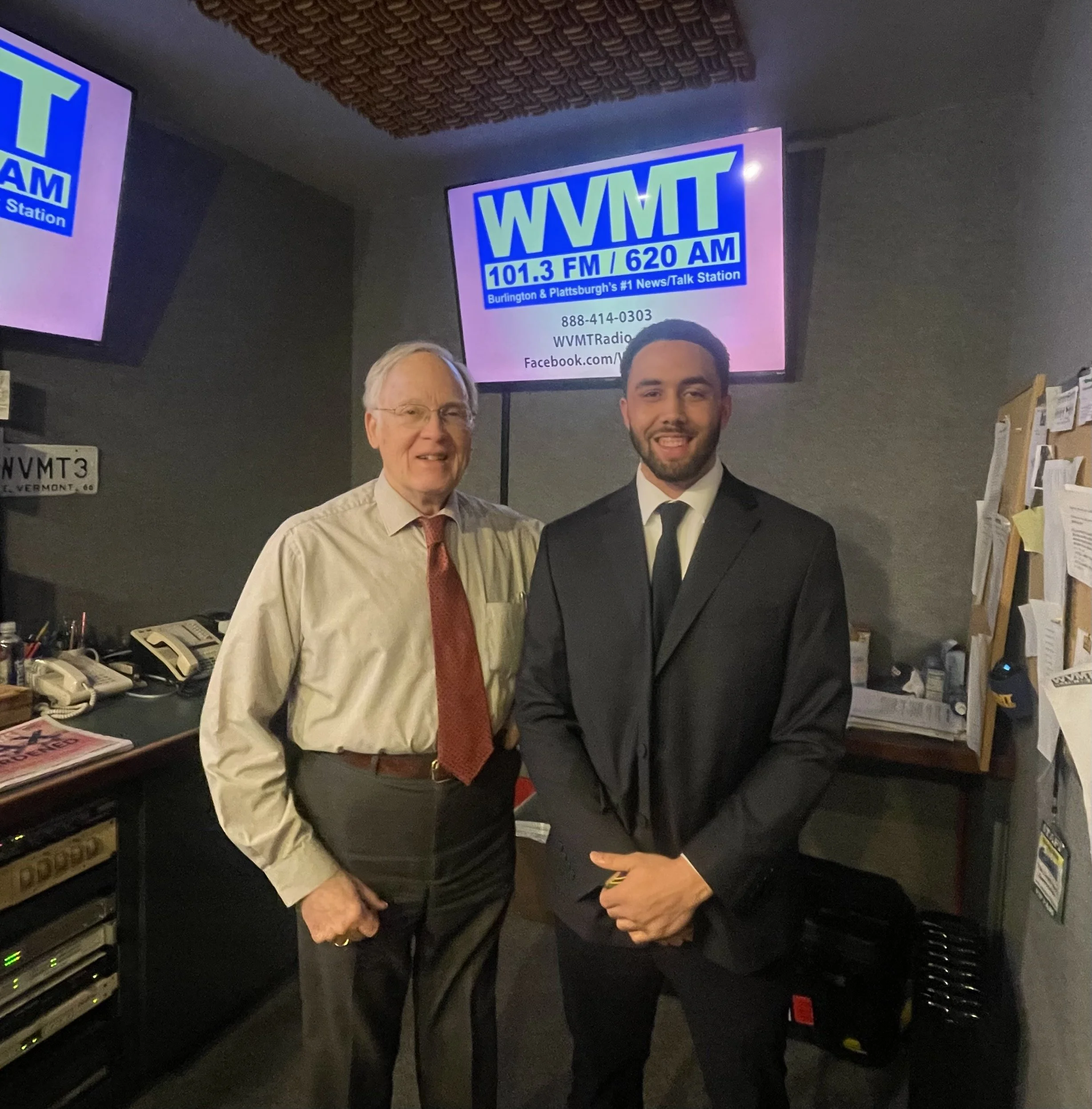 Javen Sears, Vermont State Senate candidate for Chittenden Southeast, pictured with former Vermont Governor Jim Douglas at a radio interview on WVMT 101.3 FM hosted by Curt Wright and Anthony