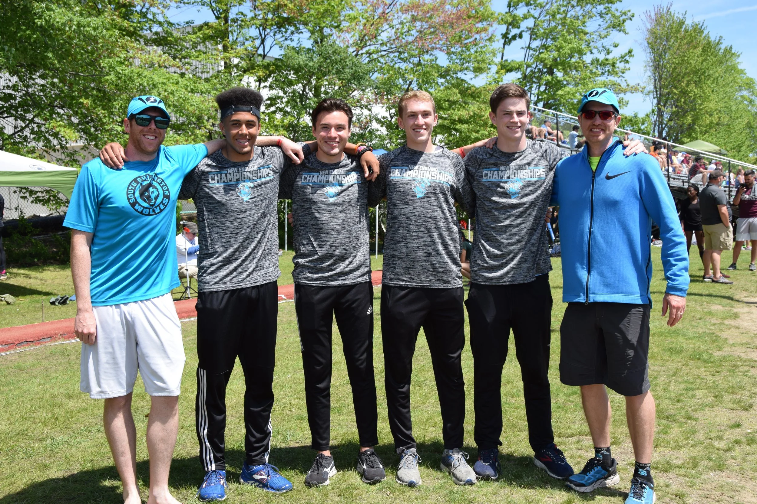 Javen Sears and his track & field 4x100 team at New England Outdoor Championship in Maine. Head Coach Dennis Akey, Ryan Steele, Quinn Pidgeon, Rory, Head Coach Geoff Bennett. South Burlington High School.