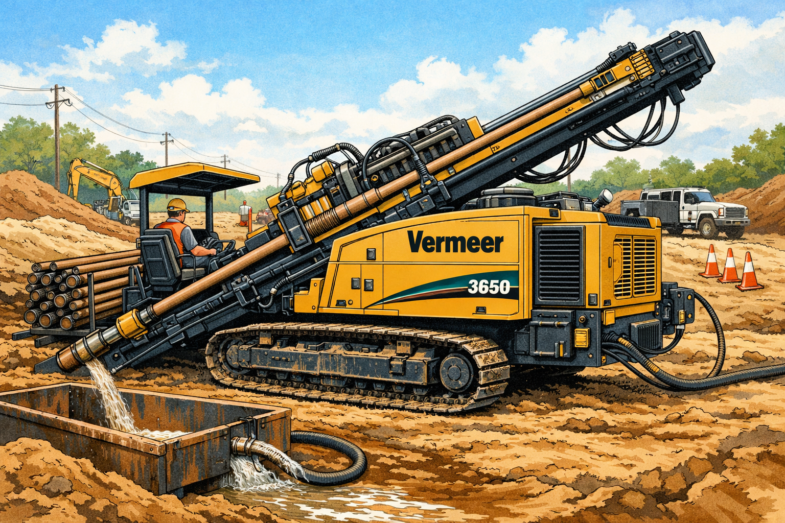 Construction site with a yellow Vermeer 3650 horizontal directional drill in operation, worker operating machine, water flowing into a trench, others working nearby, vehicles and cones in background.