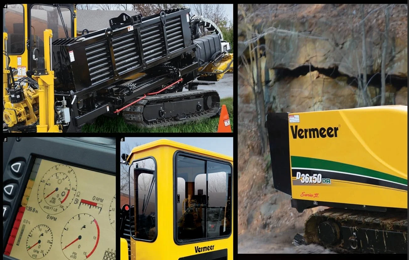 Collage of construction equipment including a tracked machine, a control panel, a cab of a machine, and a close-up of a device labeled 'Vermeer D36x50DR Series III' mounted on a rocky surface.