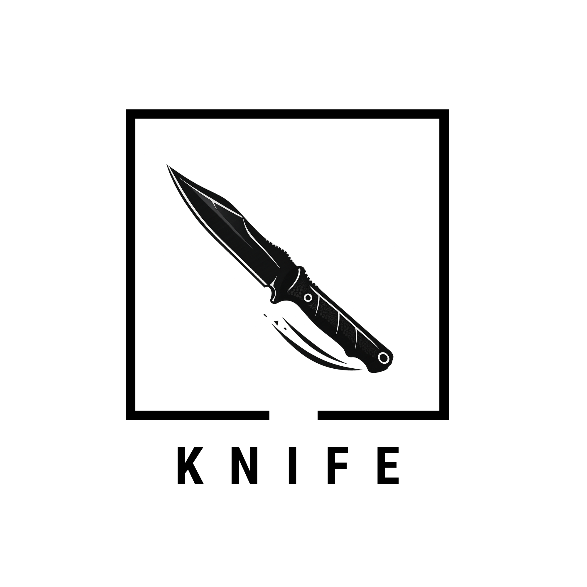 A black-and-white illustration of a knife with a detailed handle and a sharp blade.