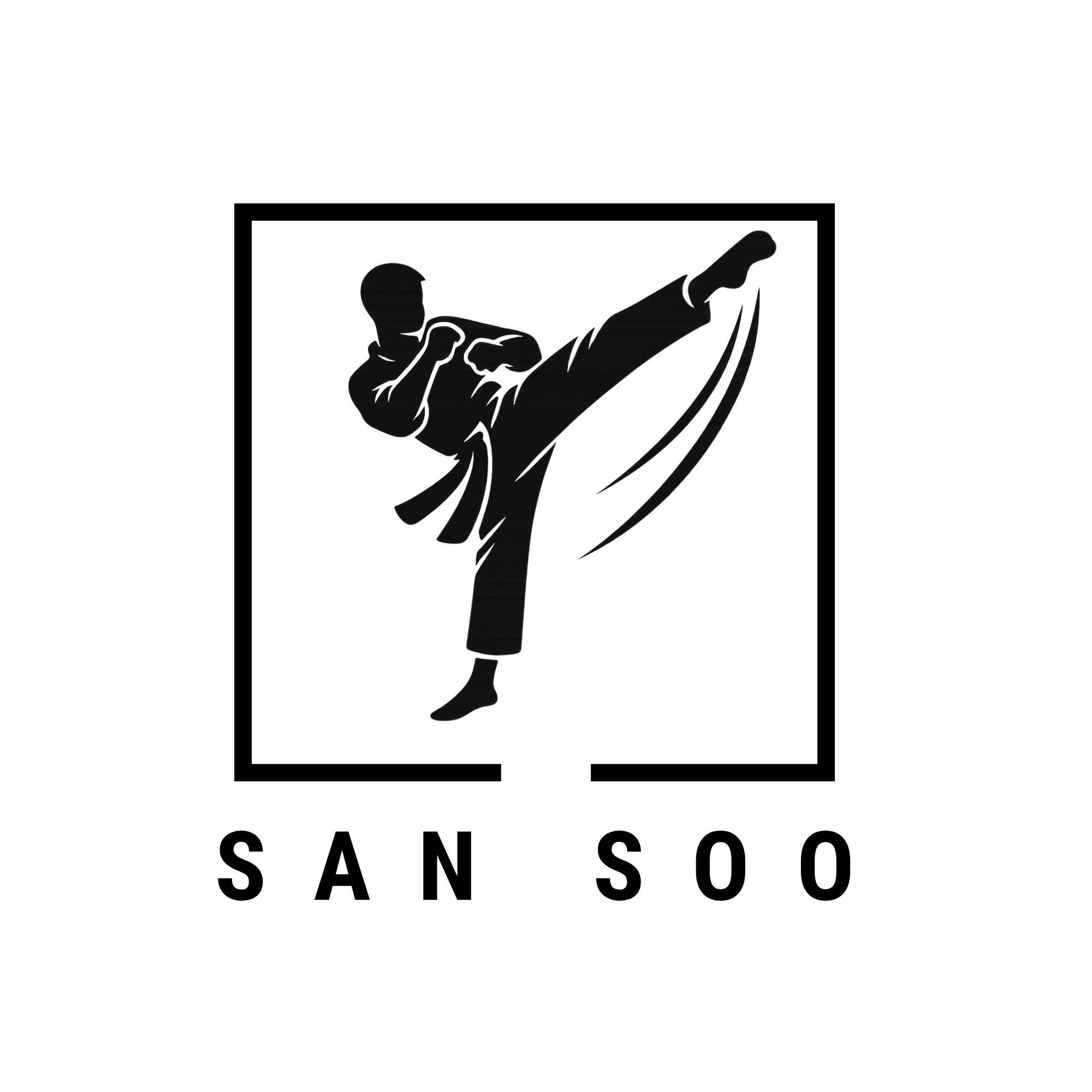 Black silhouette of a person performing a high kick with their right leg, wearing a martial arts gi, against a plain white background.