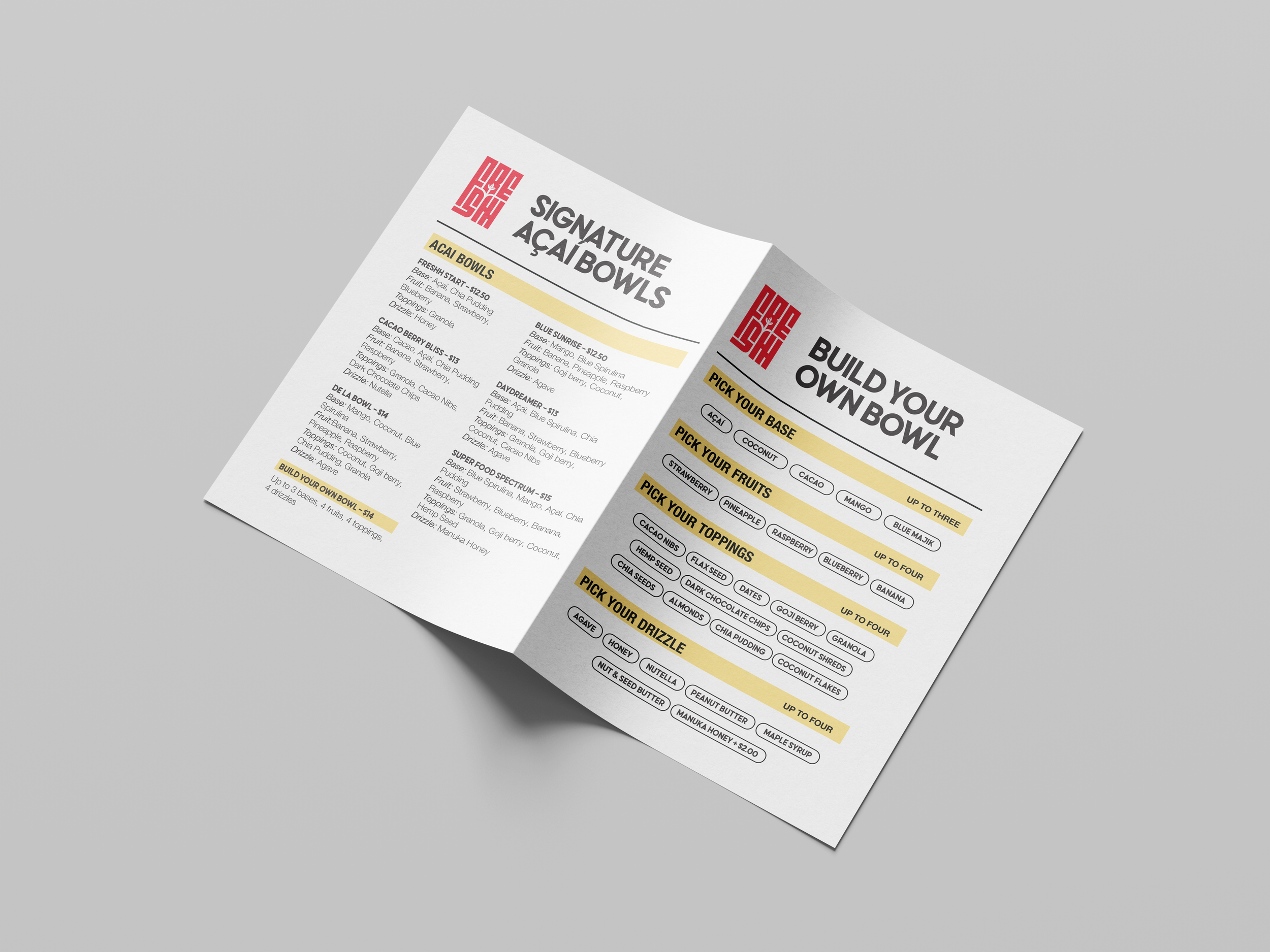 A menu titled 'Signature Açai Bowls' with options to build your own bowl, choose base, fruits, toppings, and drizzles, with prices and descriptions.