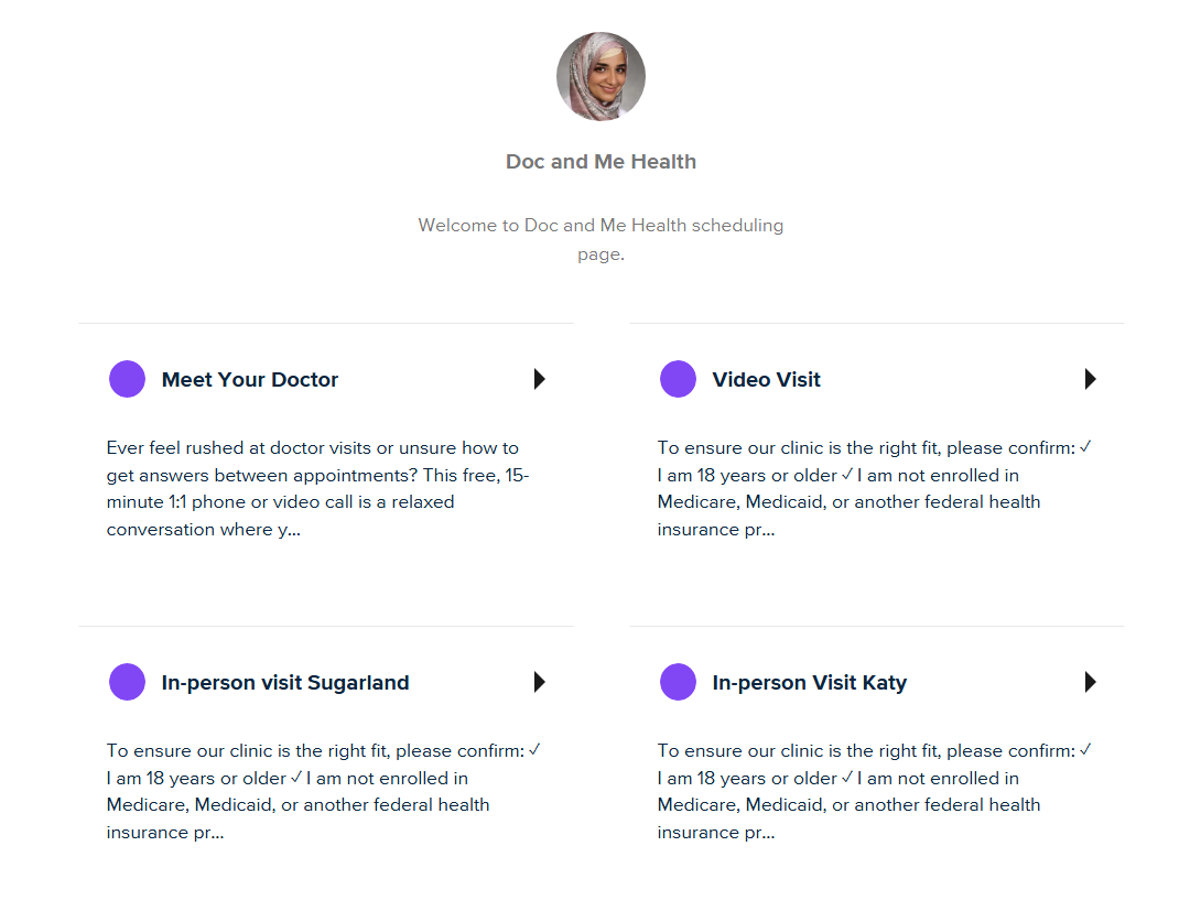Screenshot of Doc and Me Health scheduling page with options to meet a doctor, do a video visit, or schedule in-person visits at Sugarland and Katy clinics.