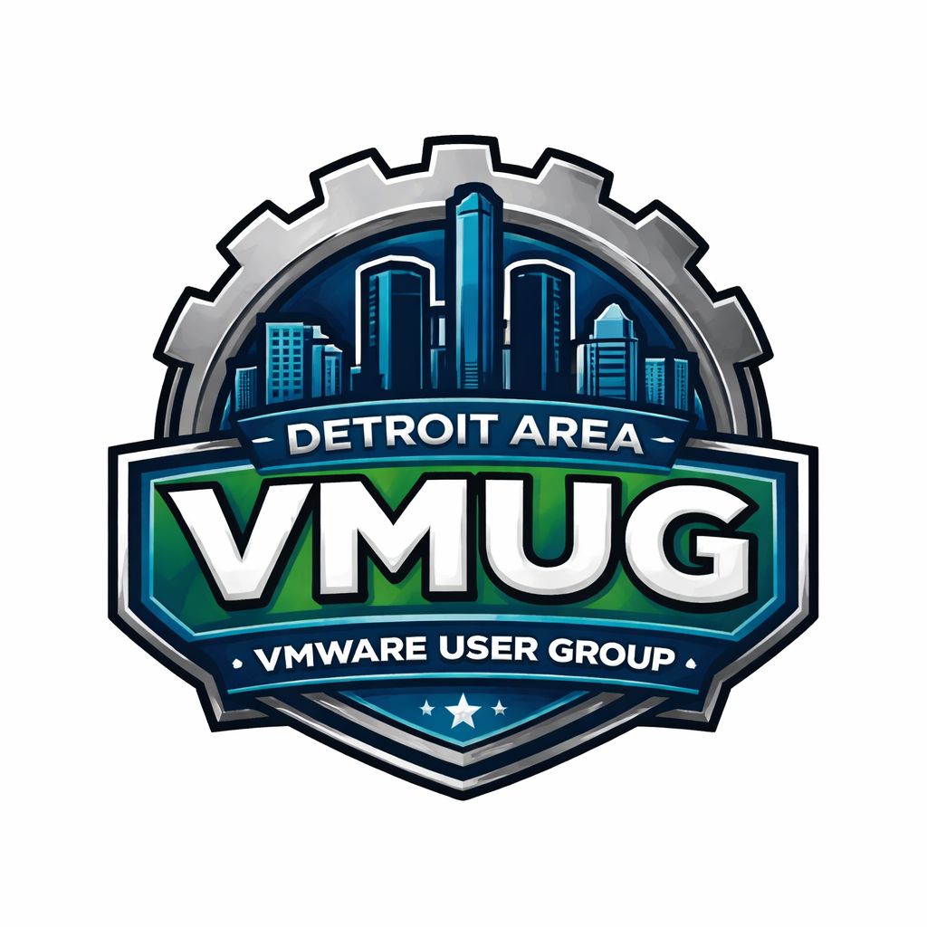 Logo for Detroit Area VMUG VMware User Group with a city skyline and gear design.