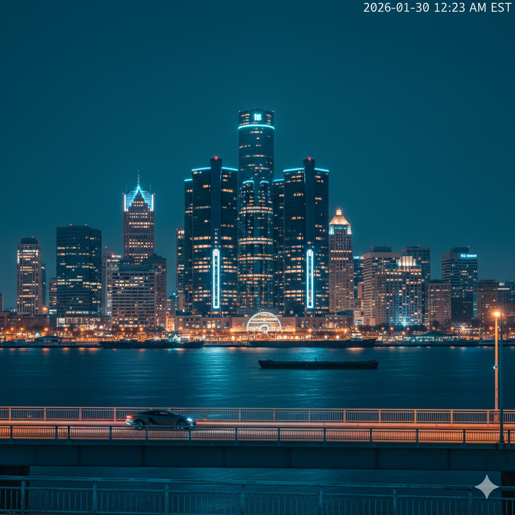 Night view of a illuminated city skyline with tall skyscrapers across a body of water, including a prominent central building with blue lights, a ferris wheel, and a bridge with moving vehicles in the foreground.