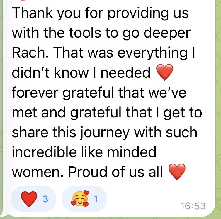 A heartfelt message in a social media post expressing gratitude for a journey with supportive women, accompanied by red heart emojis and reaction icons showing 3 hearts and 1 smiling face with hearts.