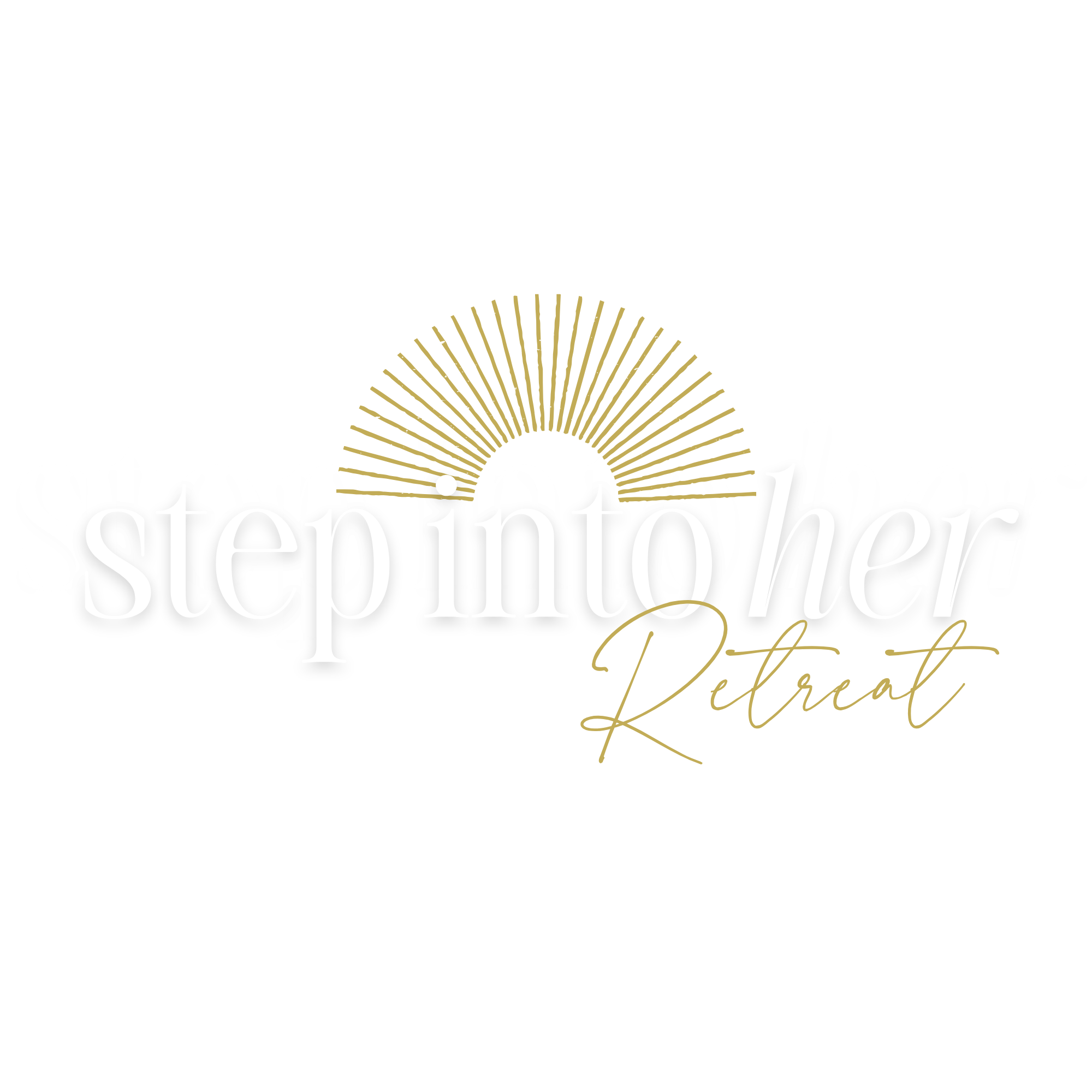Event poster for 'Step Into Her Retreat' with dates from August 31 to September 3, featuring decorative gold and white text on a black background.