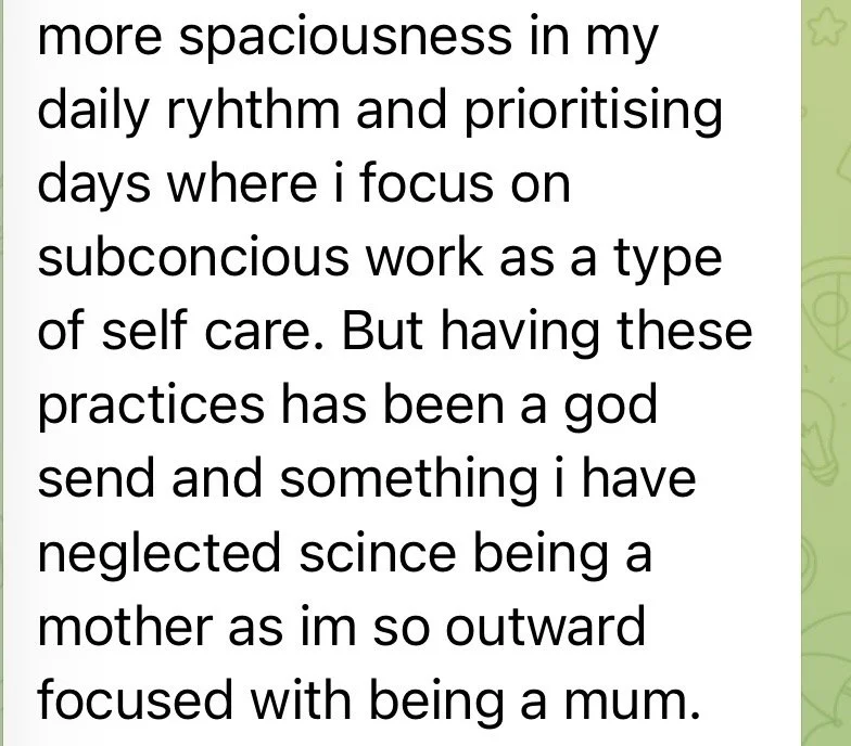 A screenshot of a text message about focusing on self-care as a mother and practicing self-care routines.