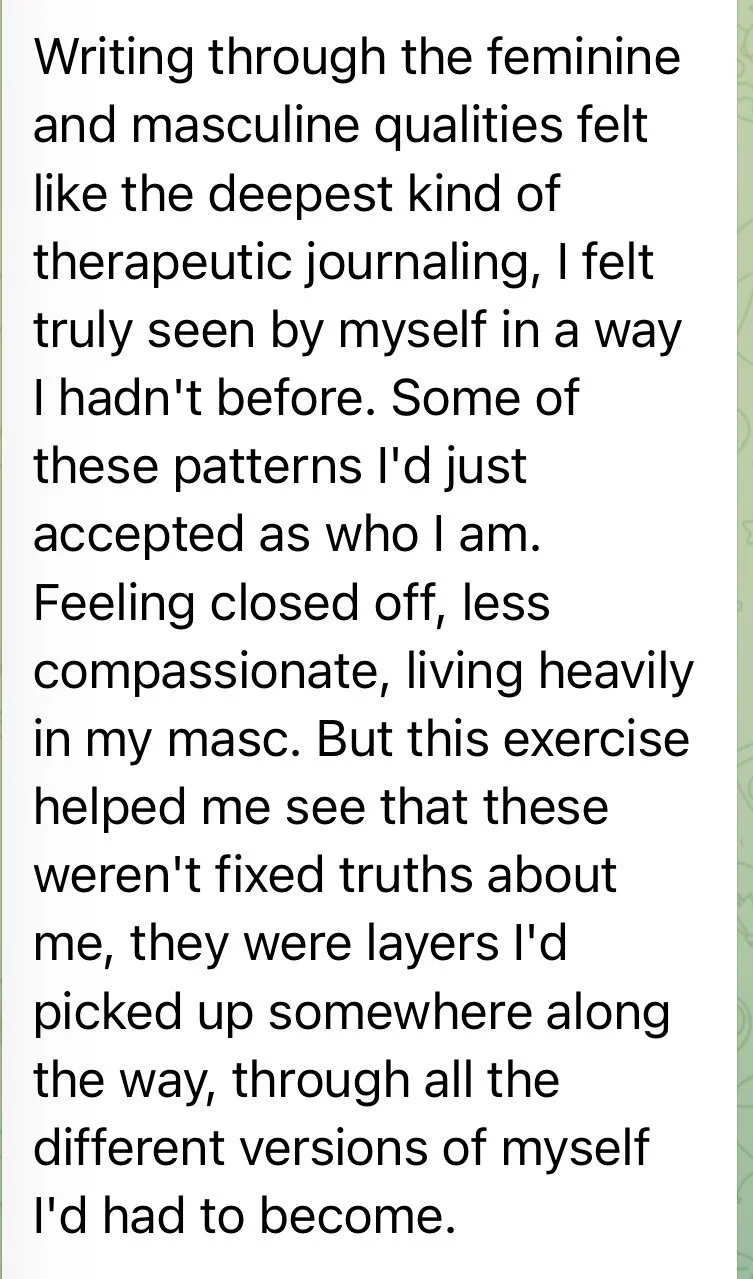 Text discussing gender qualities, therapeutic journaling, self-discovery, layered self-acceptance, and personal growth.
