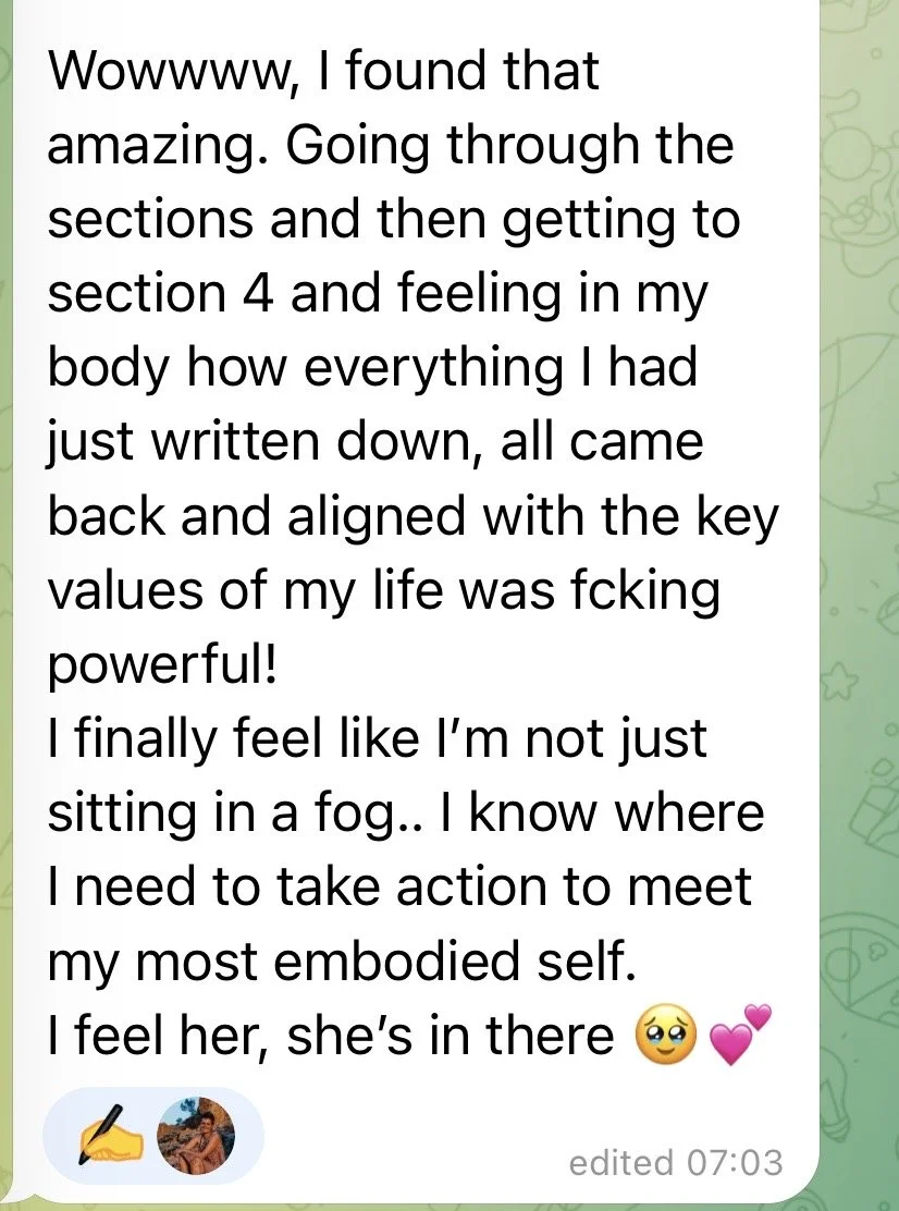 Screenshot of a WhatsApp message with a white background and a light green patterned side. The message expresses feelings of empowerment and clarity. There are two profile pictures at the bottom left: a hand with a writing tool and a person.