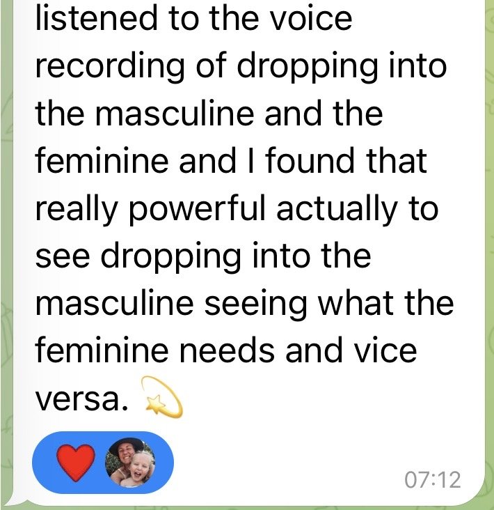 Screenshot of a text message discussing listening to voice recordings of dropping into masculine and feminine traits, with a heart emoji and a photo of two smiling children.
