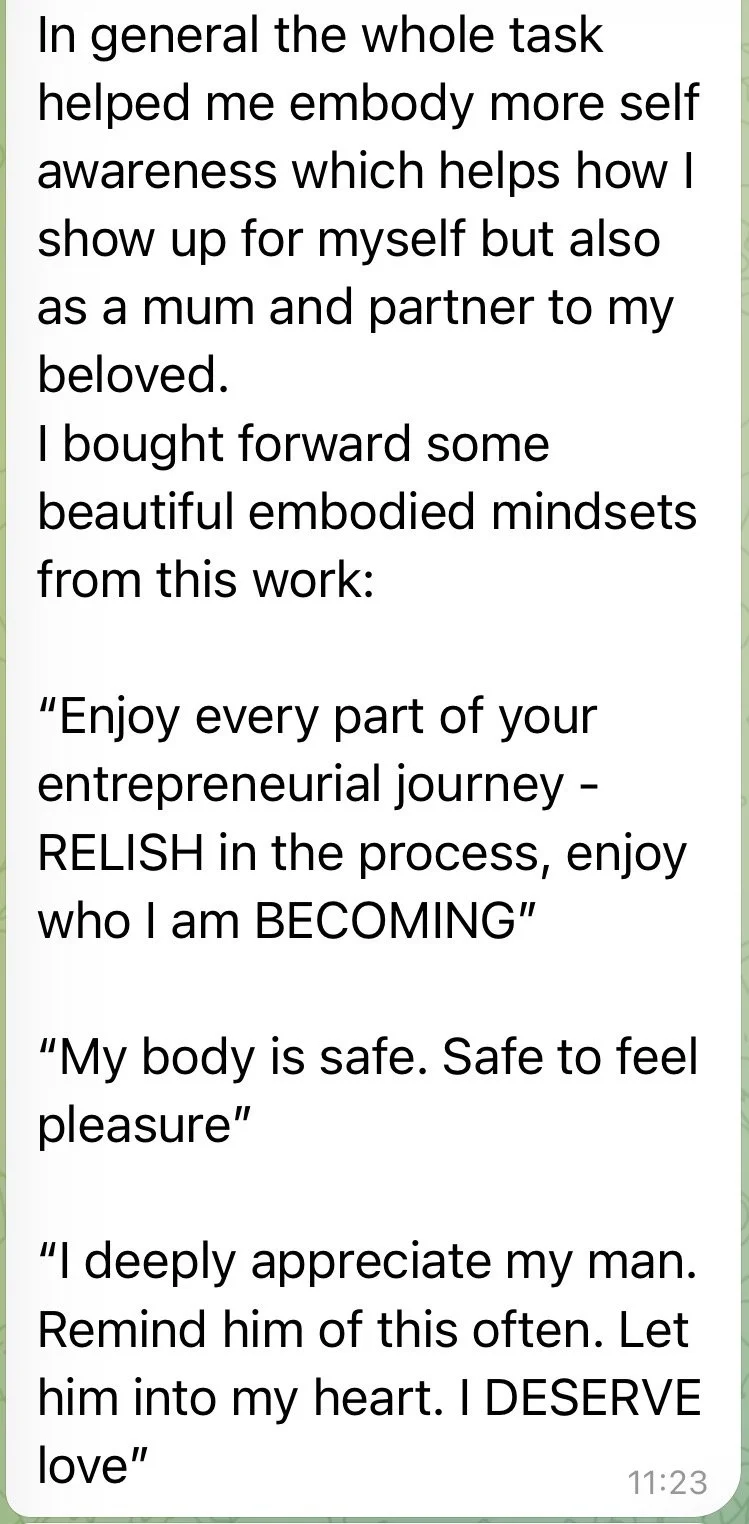 Text message with reflections on self-awareness, entrepreneurship, body safety, and appreciation for loved ones.