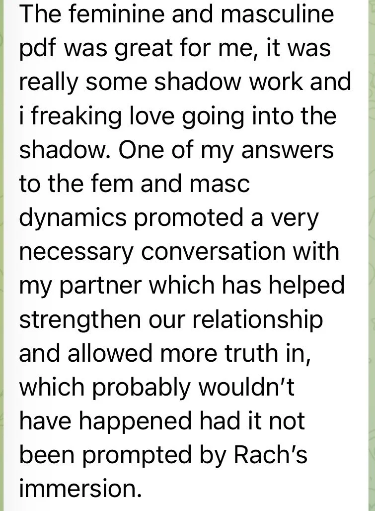 Close-up of a screen displaying a paragraph of text discussing feminine and masculine shadow work and its impact on a relationship.