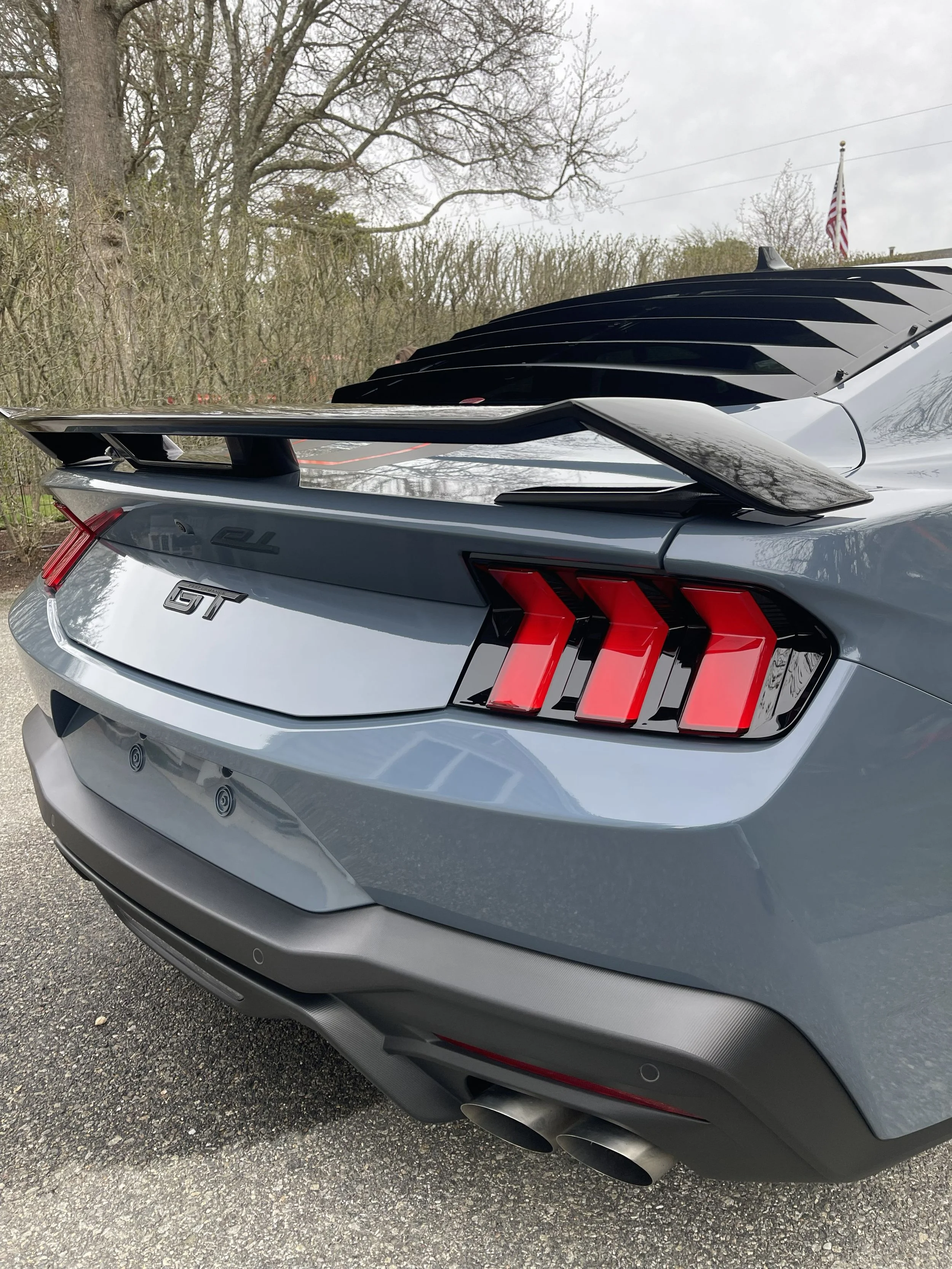 The rear end of a silver sports car, likely a Ford Mustang Shelby GT500, showing tail lights, a spoiler, and dual exhaust pipes, parked on an asphalt surface with leafless trees and an American flag in the background.