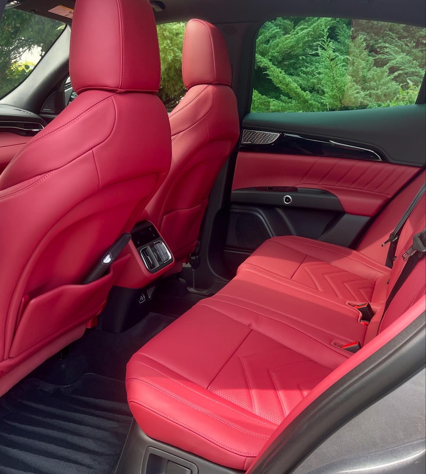 Interior of a car with red leather seats, view of the back seat and front seat backs, car window showing green trees outside.