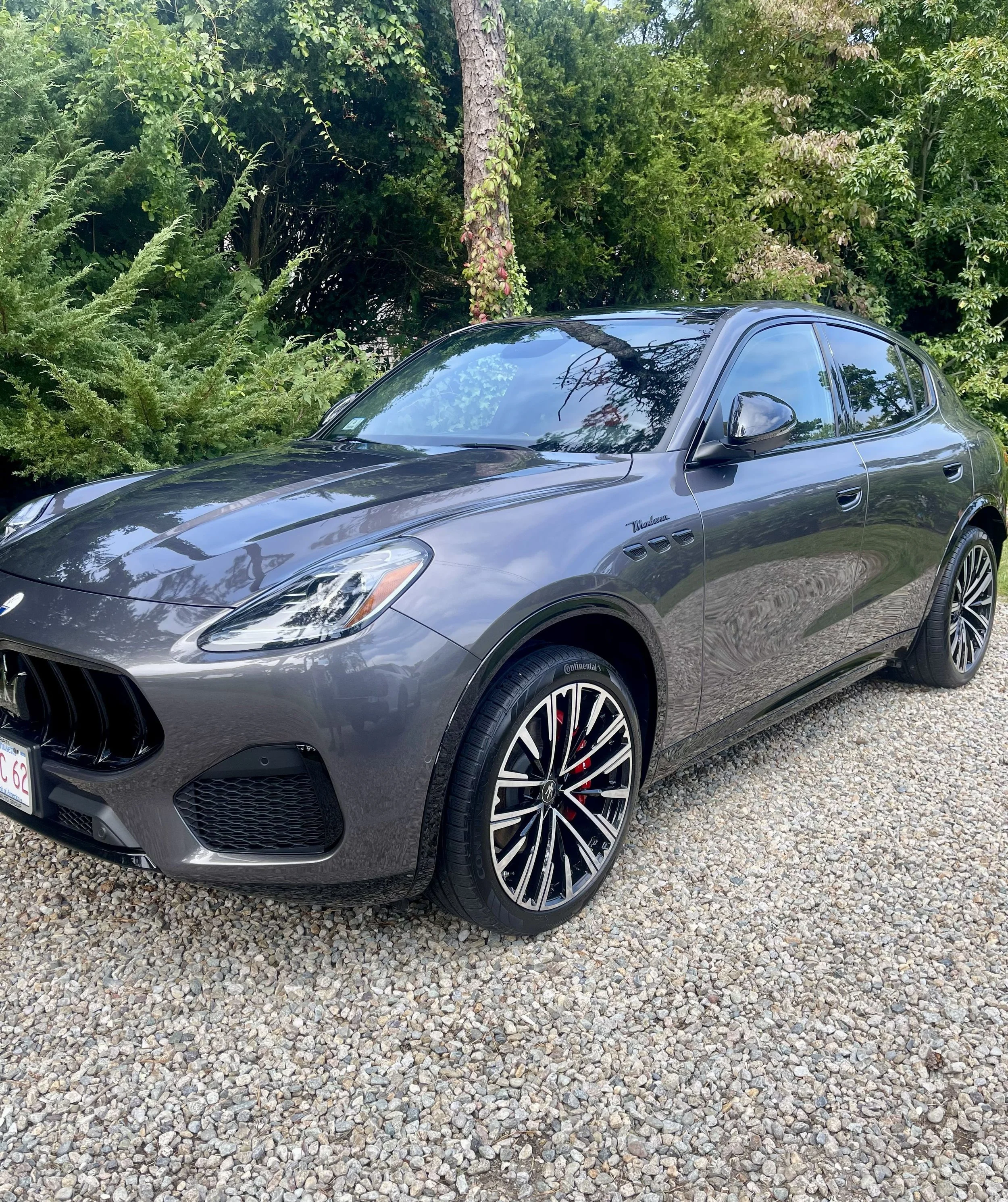 A black luxury car parked on a gravel driveway with green shrubbery and trees in the background.