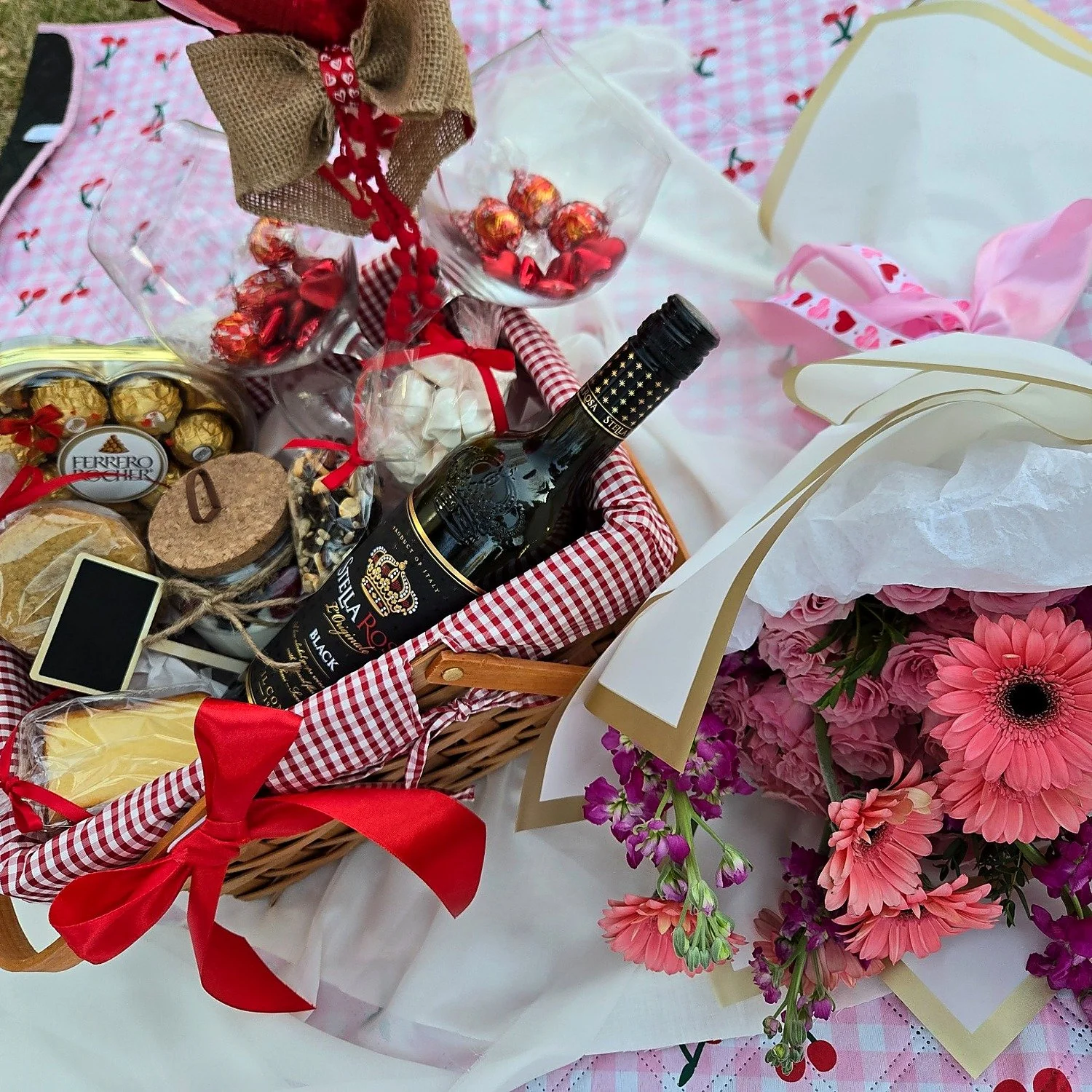 Romantic Picnic Bouquet and Gift Basket with pink and purple flowers